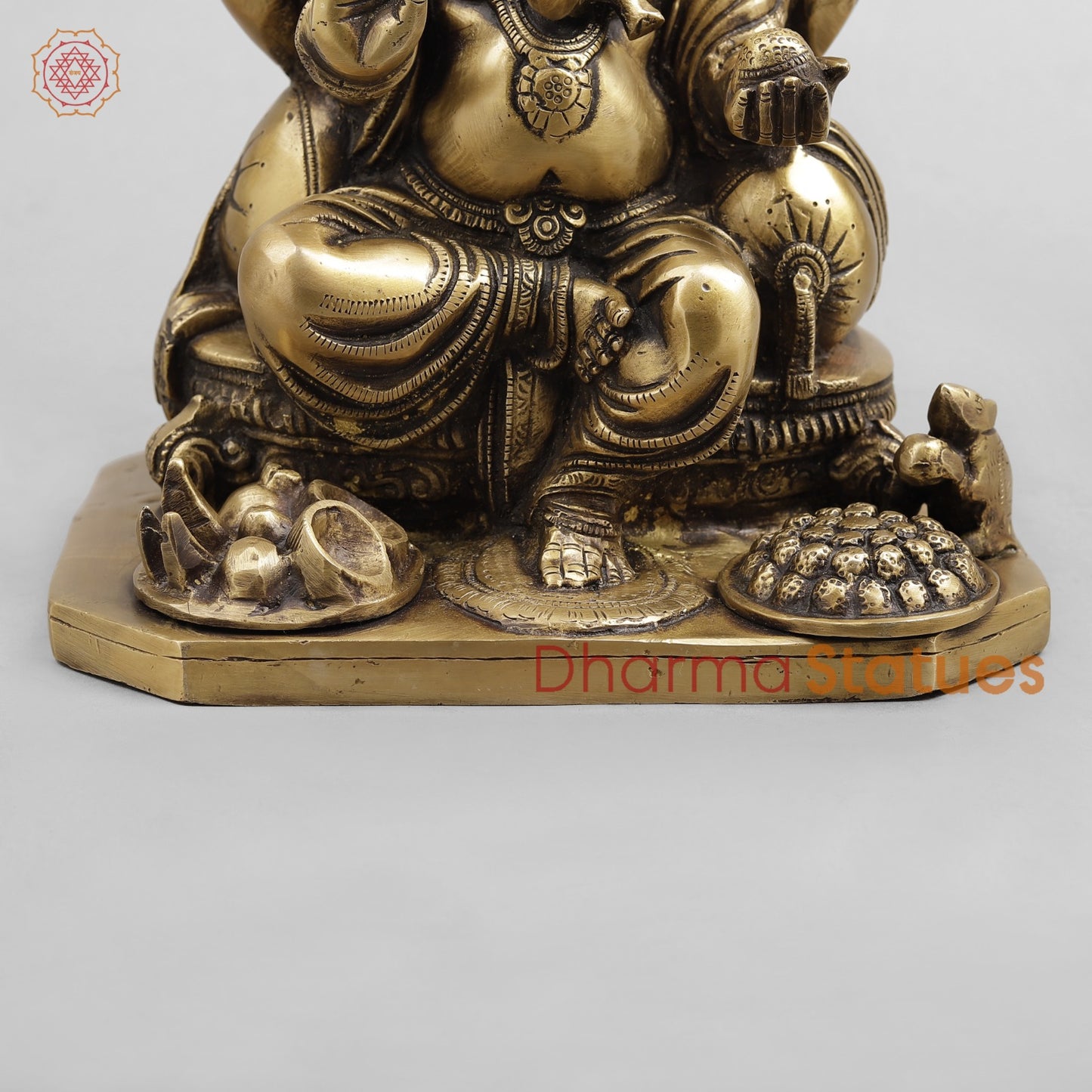 Brass Ganesh Seated Fruit and Sweets, Antique Finish 12”