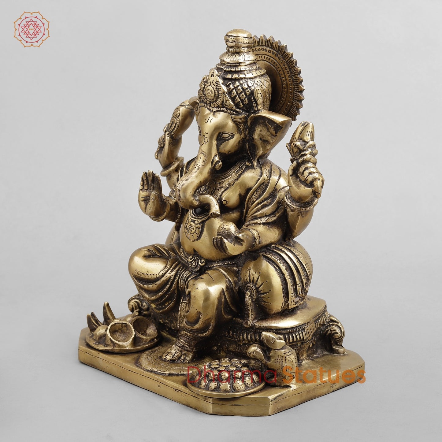 Brass Ganesh Seated Fruit and Sweets, Antique Finish 12”
