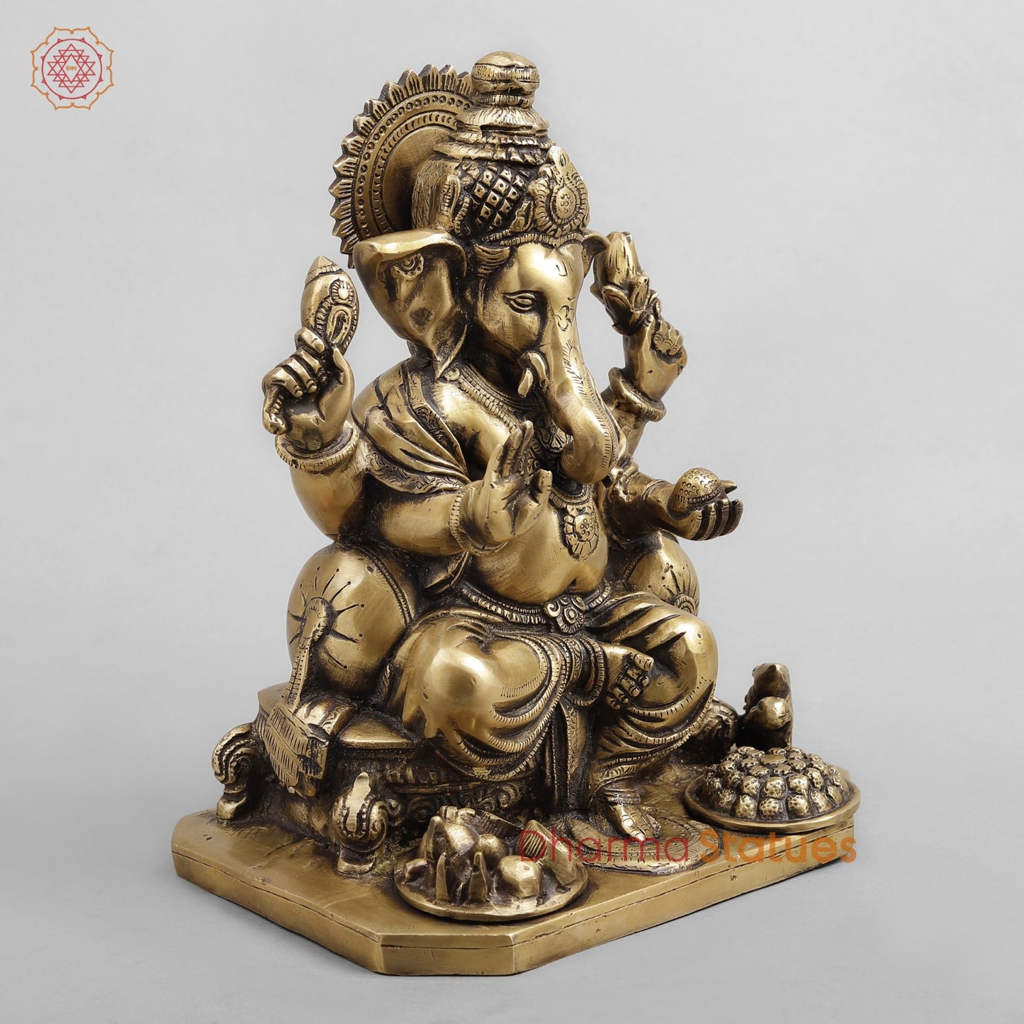 Brass Ganesh Seated Fruit and Sweets, Antique Finish 12”