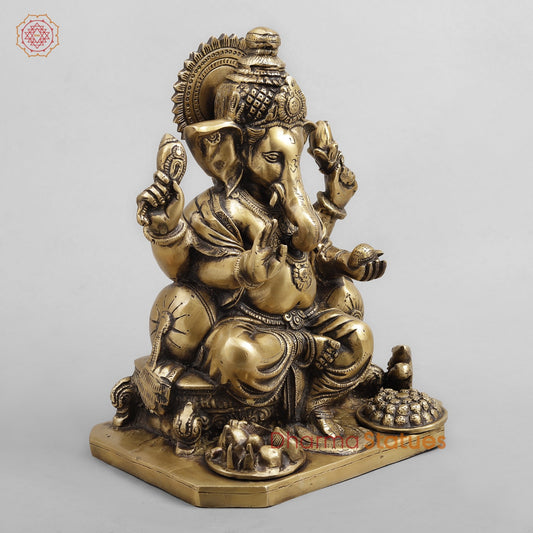 Brass Ganesh Seated Fruit and Sweets, Antique Finish 12”