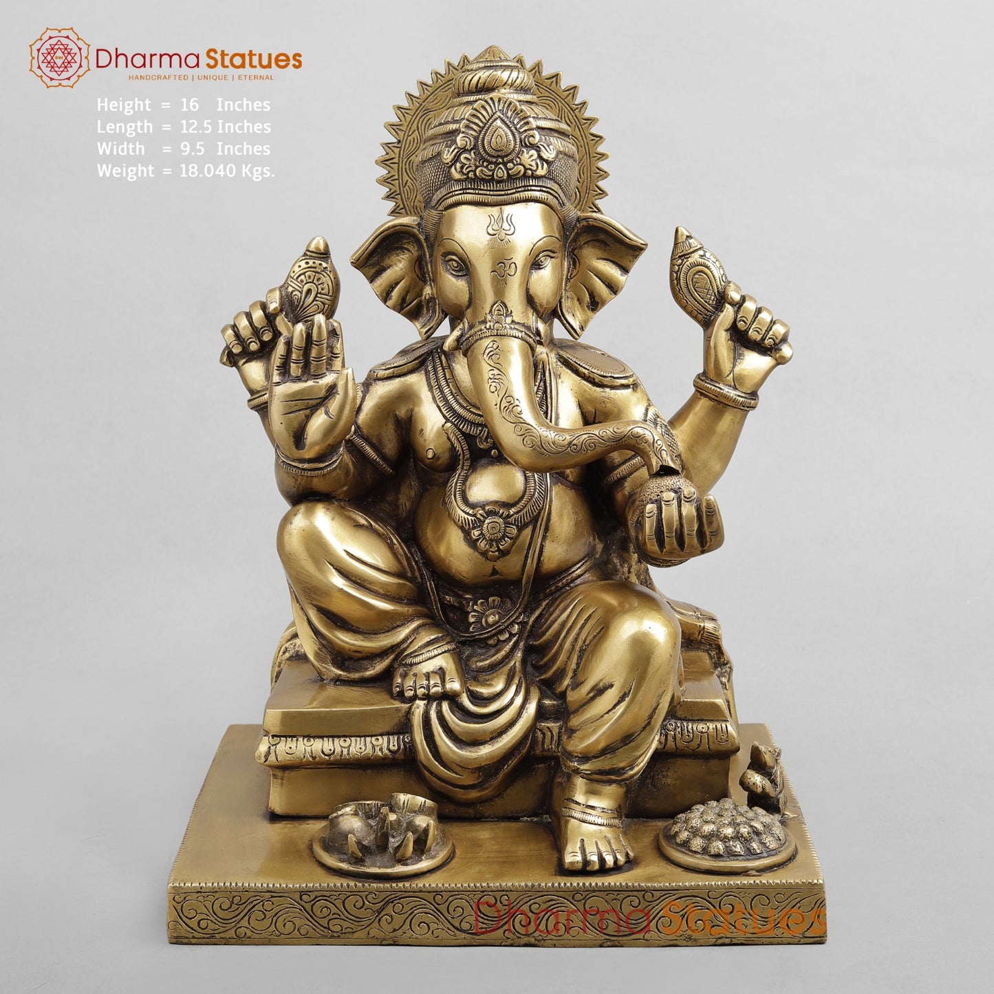 Brass Ganesh Seated with Fruits and Sweets, Antique Finish 16”