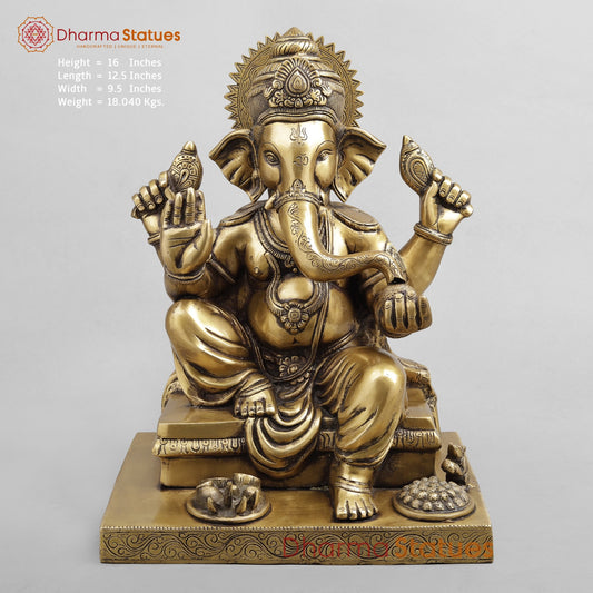 Brass Ganesh Seated with Fruits and Sweets, Antique Finish 16”