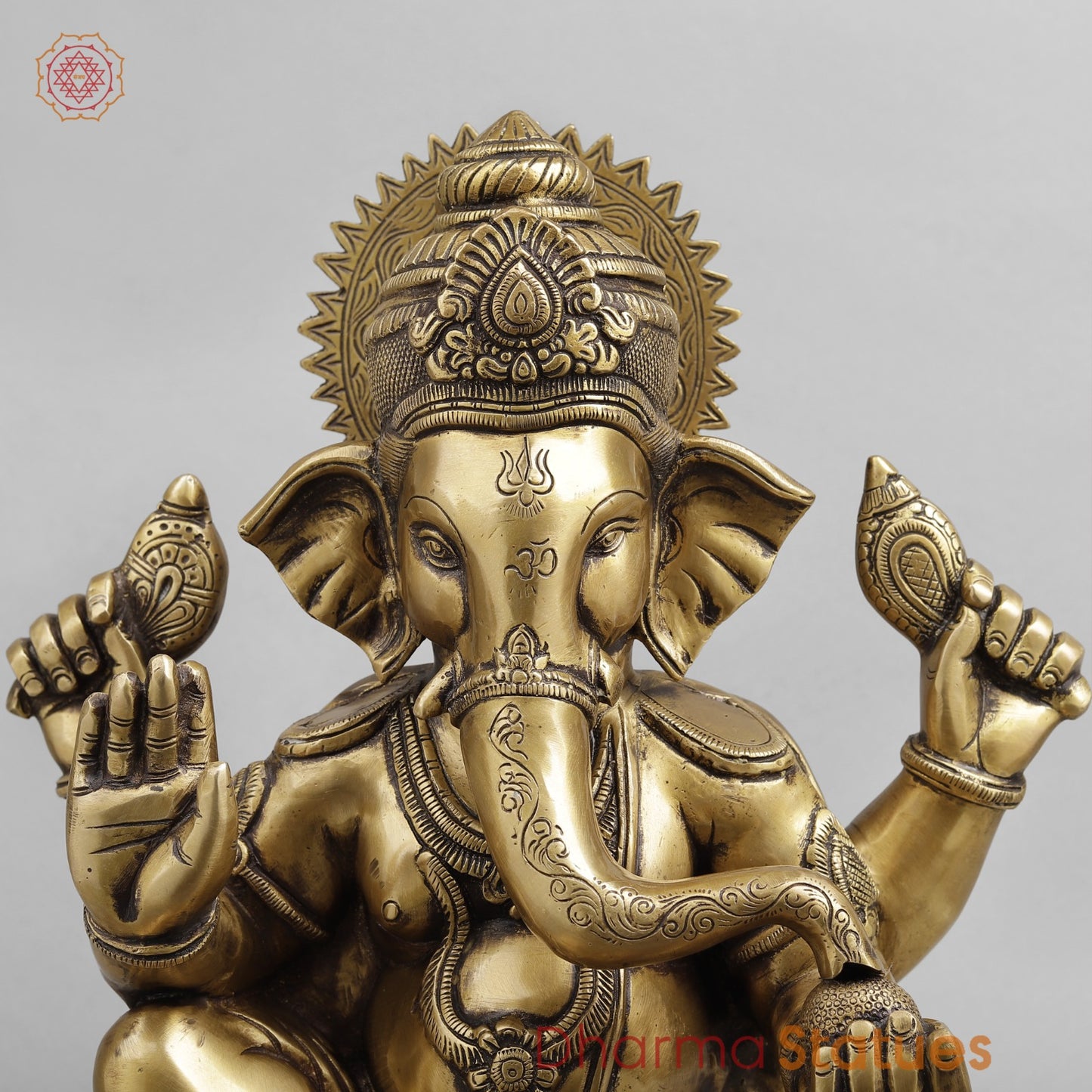 Brass Ganesh Seated with Fruits and Sweets, Antique Finish 16”