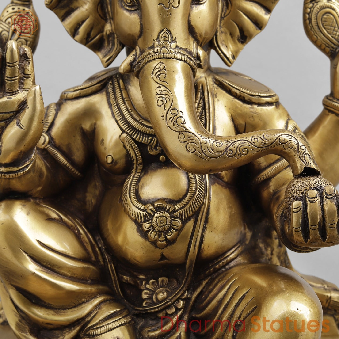 Brass Ganesh Seated with Fruits and Sweets, Antique Finish 16”