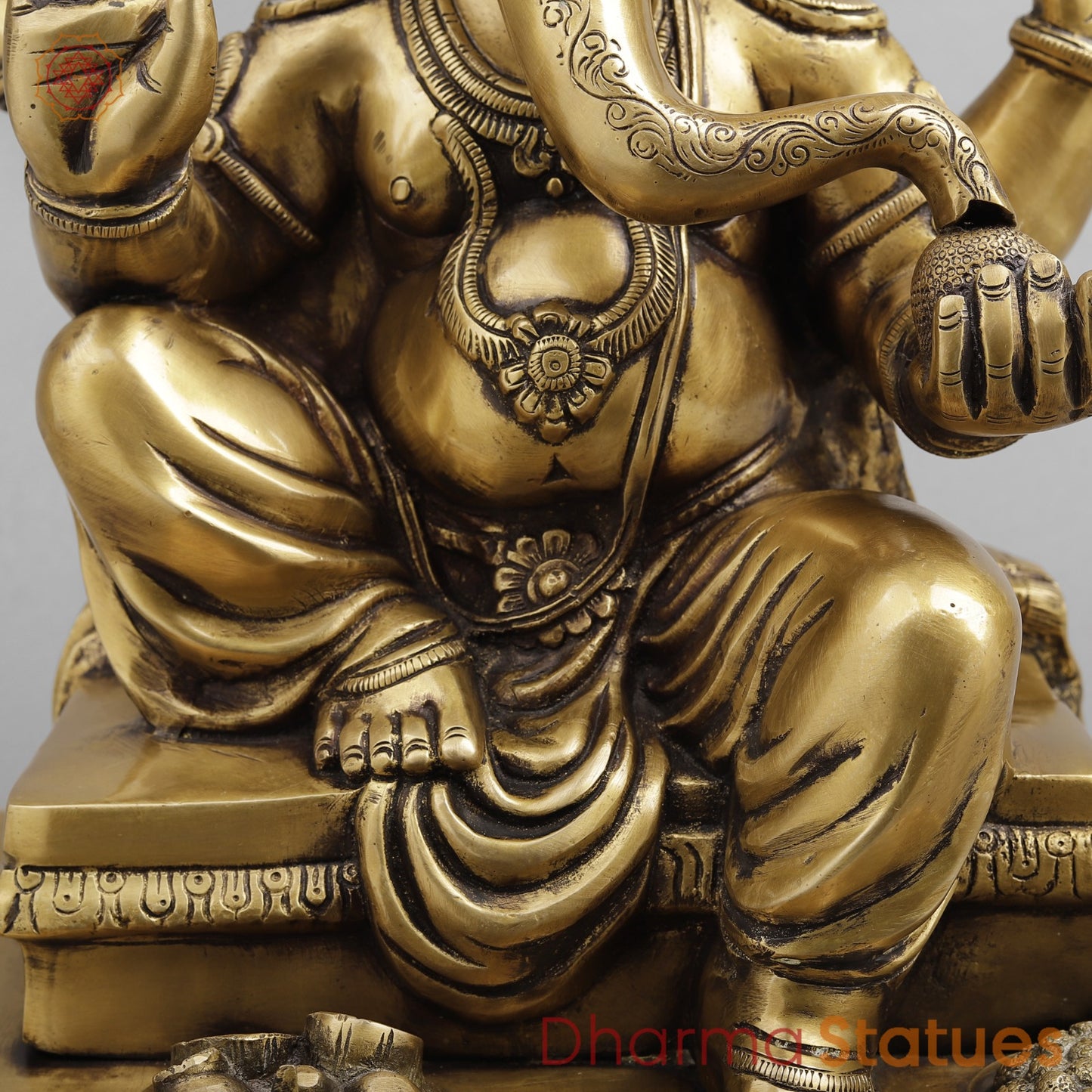 Brass Ganesh Seated with Fruits and Sweets, Antique Finish 16”