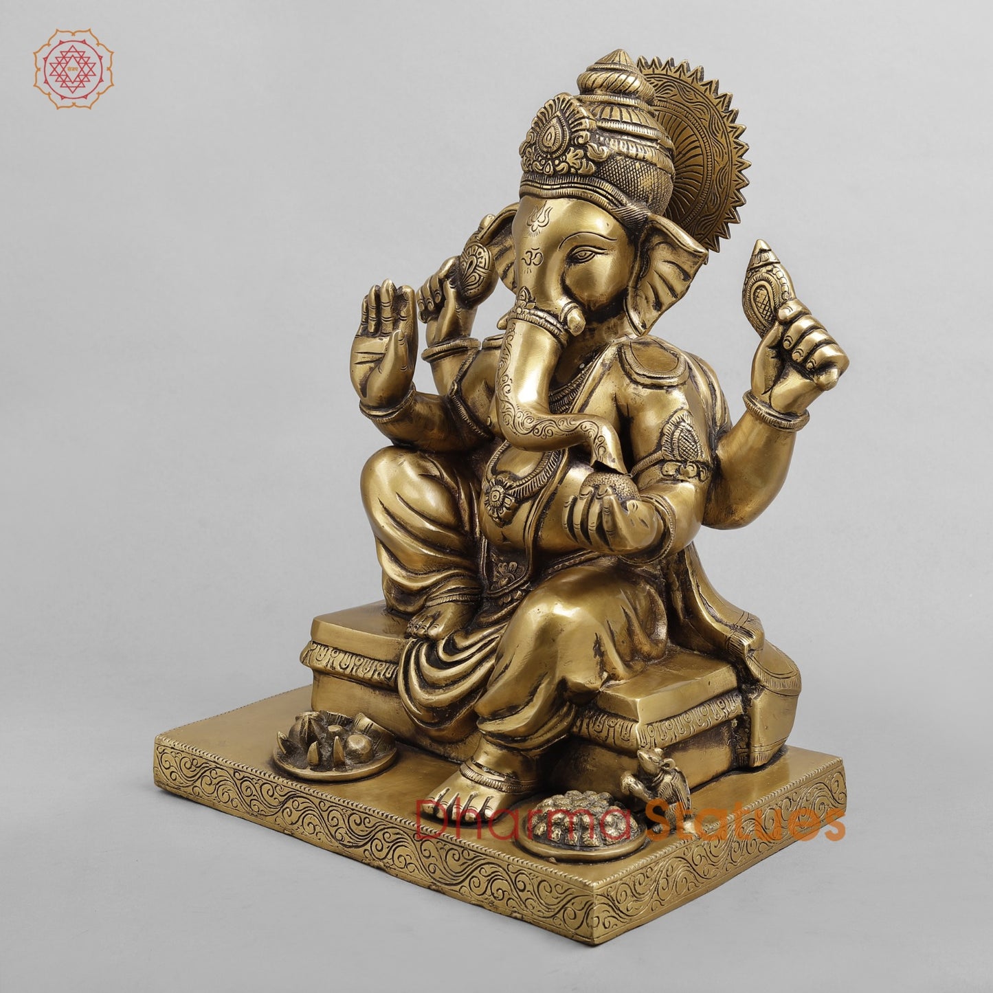 Brass Ganesh Seated with Fruits and Sweets, Antique Finish 16”