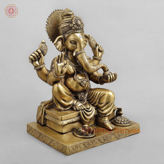 Brass Ganesh Seated with Fruits and Sweets, Antique Finish 16”