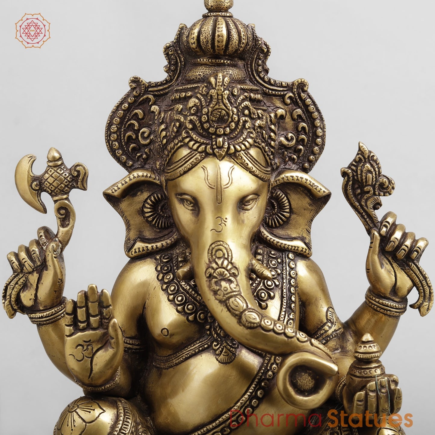 Brass Ganesh Seated, Antique Finish 15.5”