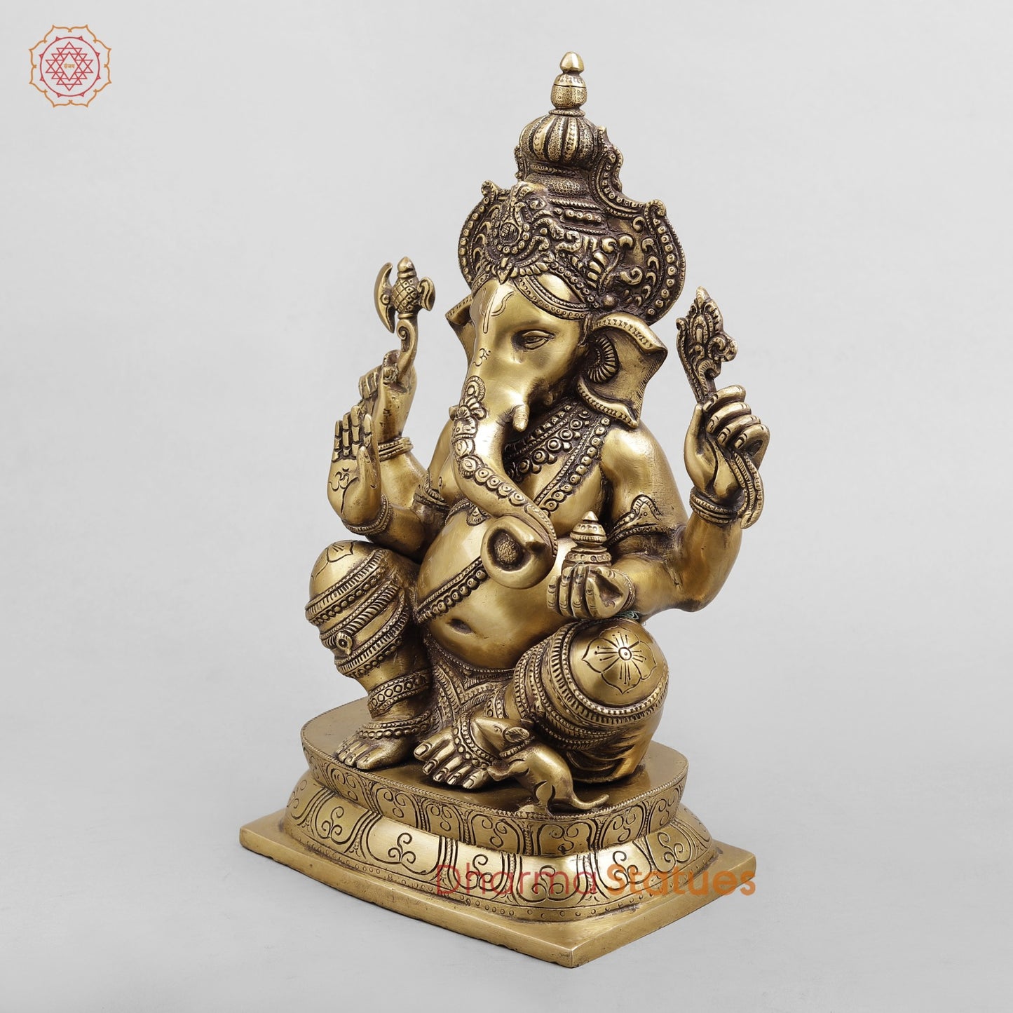 Brass Ganesh Seated, Antique Finish 15.5”