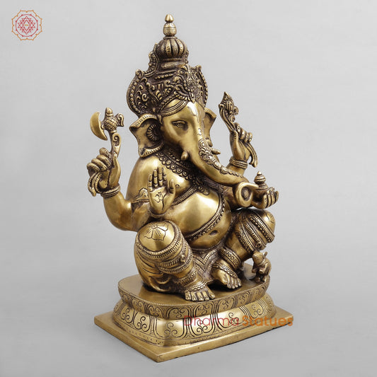 Brass Ganesh Seated, Antique Finish 15.5”