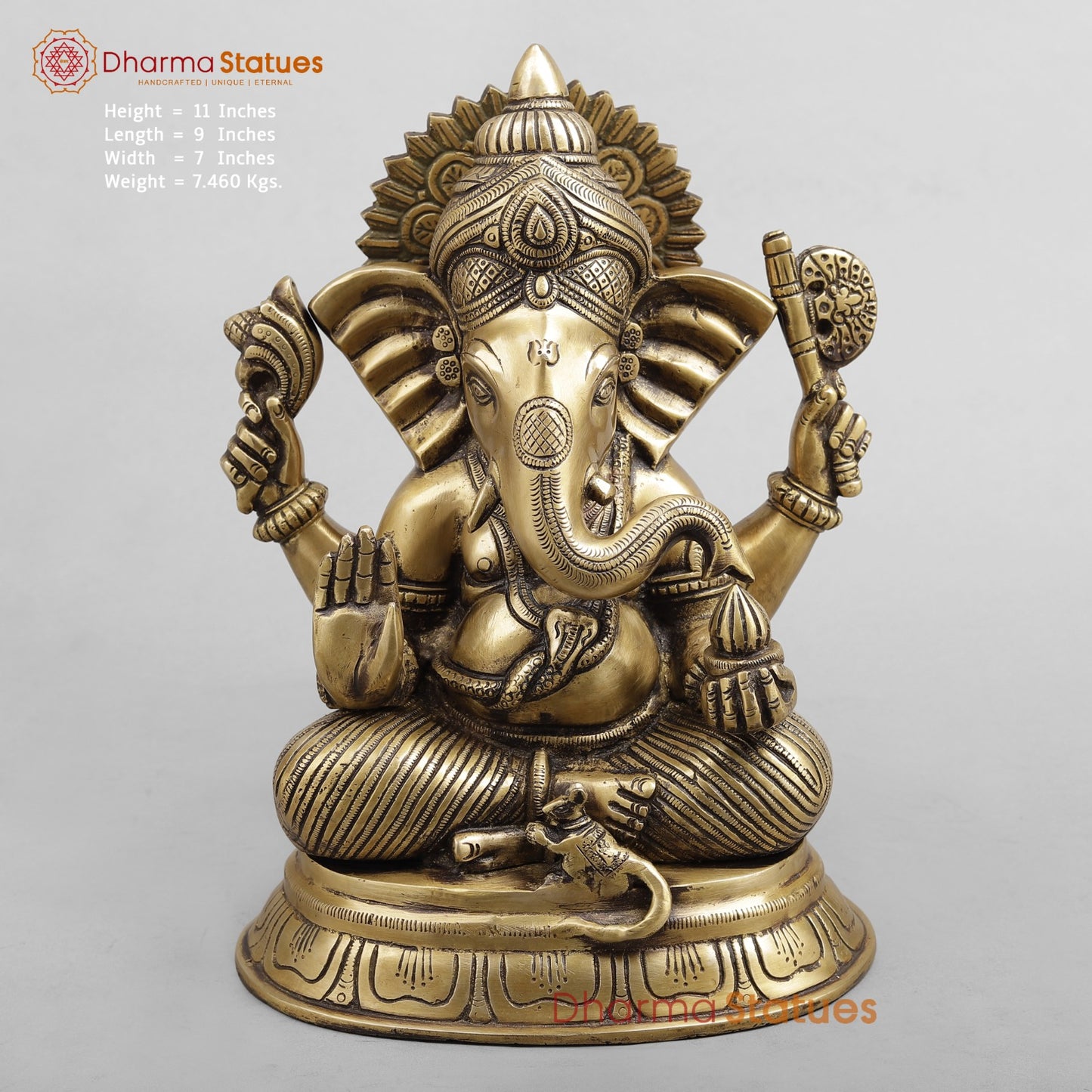 Brass Ganesh Seated Fine, Antique Finish 11”