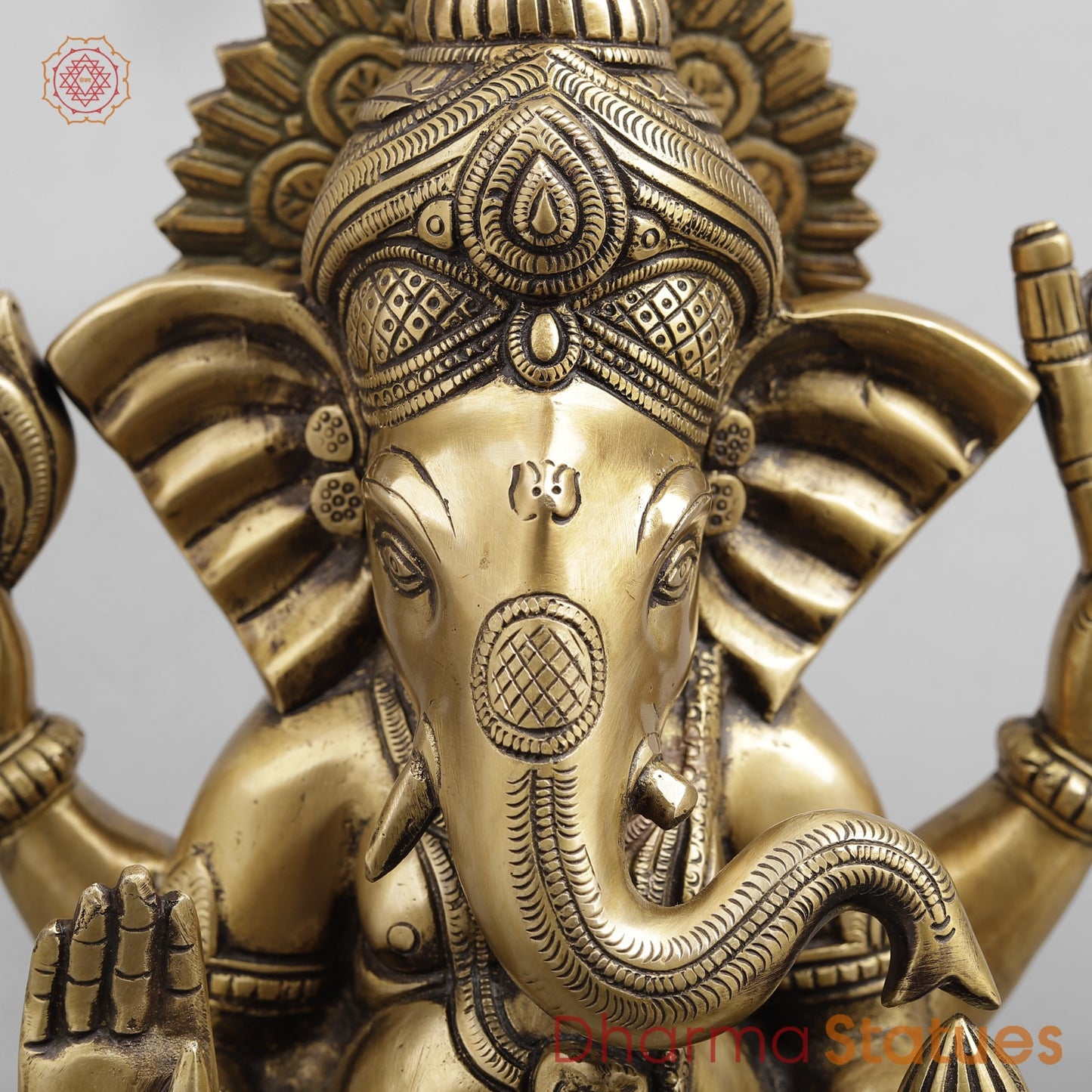 Brass Ganesh Seated Fine, Antique Finish 11”