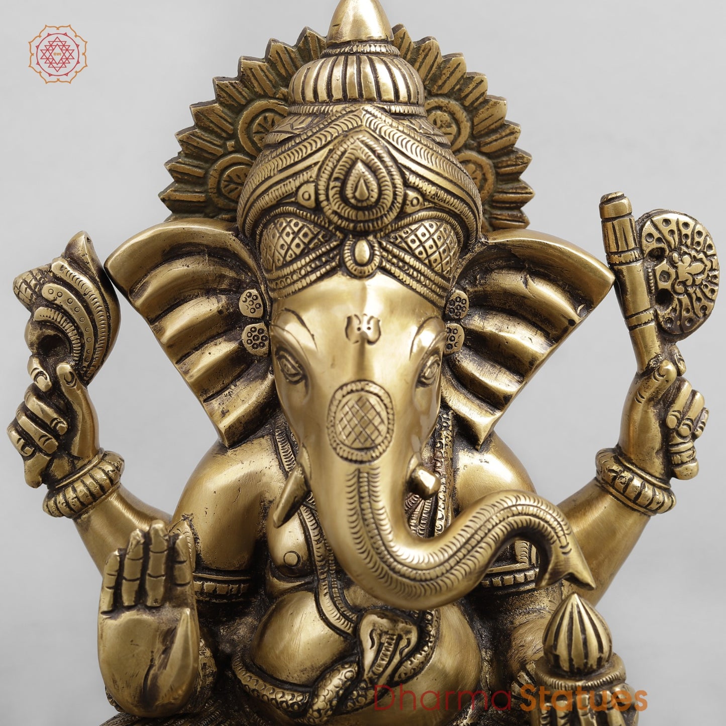 Brass Ganesh Seated Fine, Antique Finish 11”