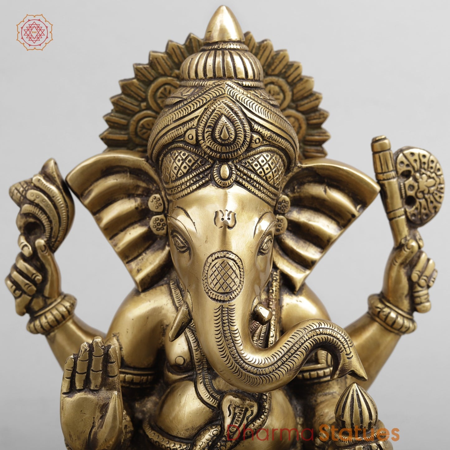 Brass Ganesh Seated Fine, Antique Finish 11”