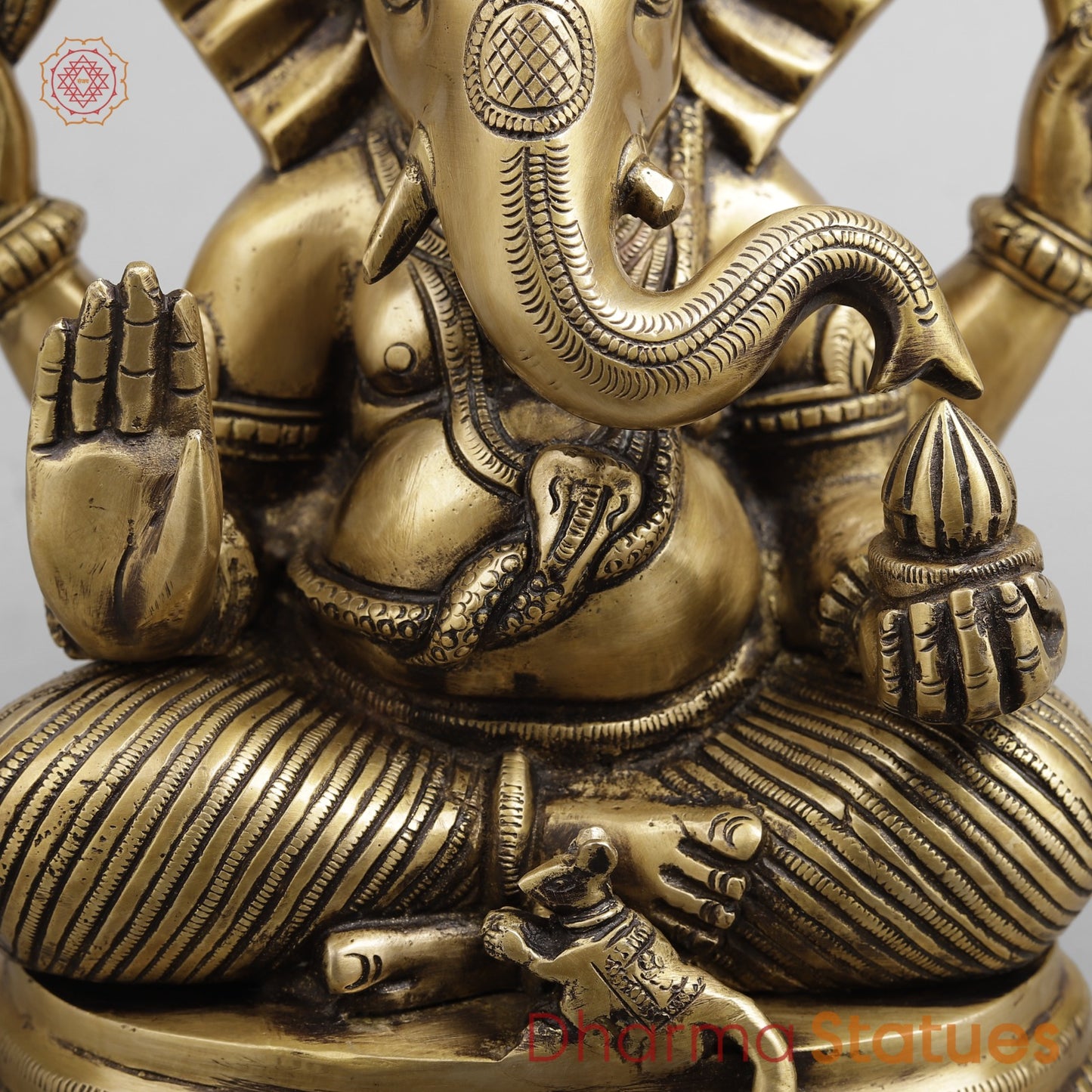 Brass Ganesh Seated Fine, Antique Finish 11”