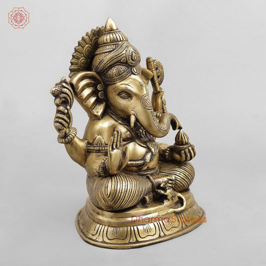 Brass Ganesh Seated Fine, Antique Finish 11”