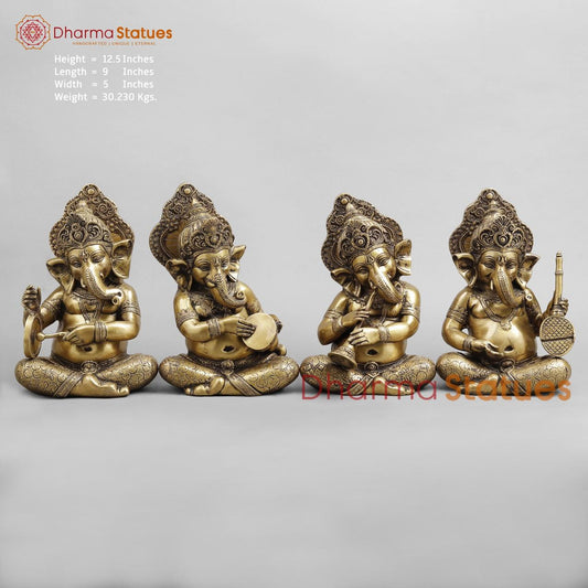 Brass Ganesh Musicians Set, Antique Finish 12.5”