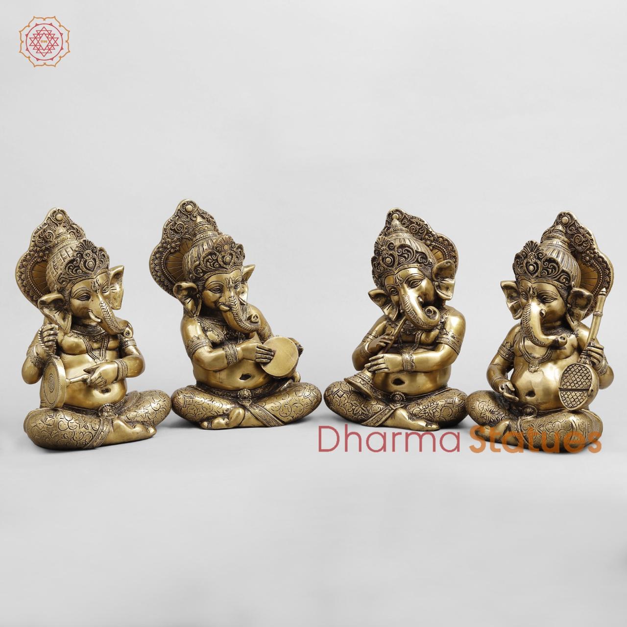 Brass Ganesh Musicians Set, Antique Finish 12.5”