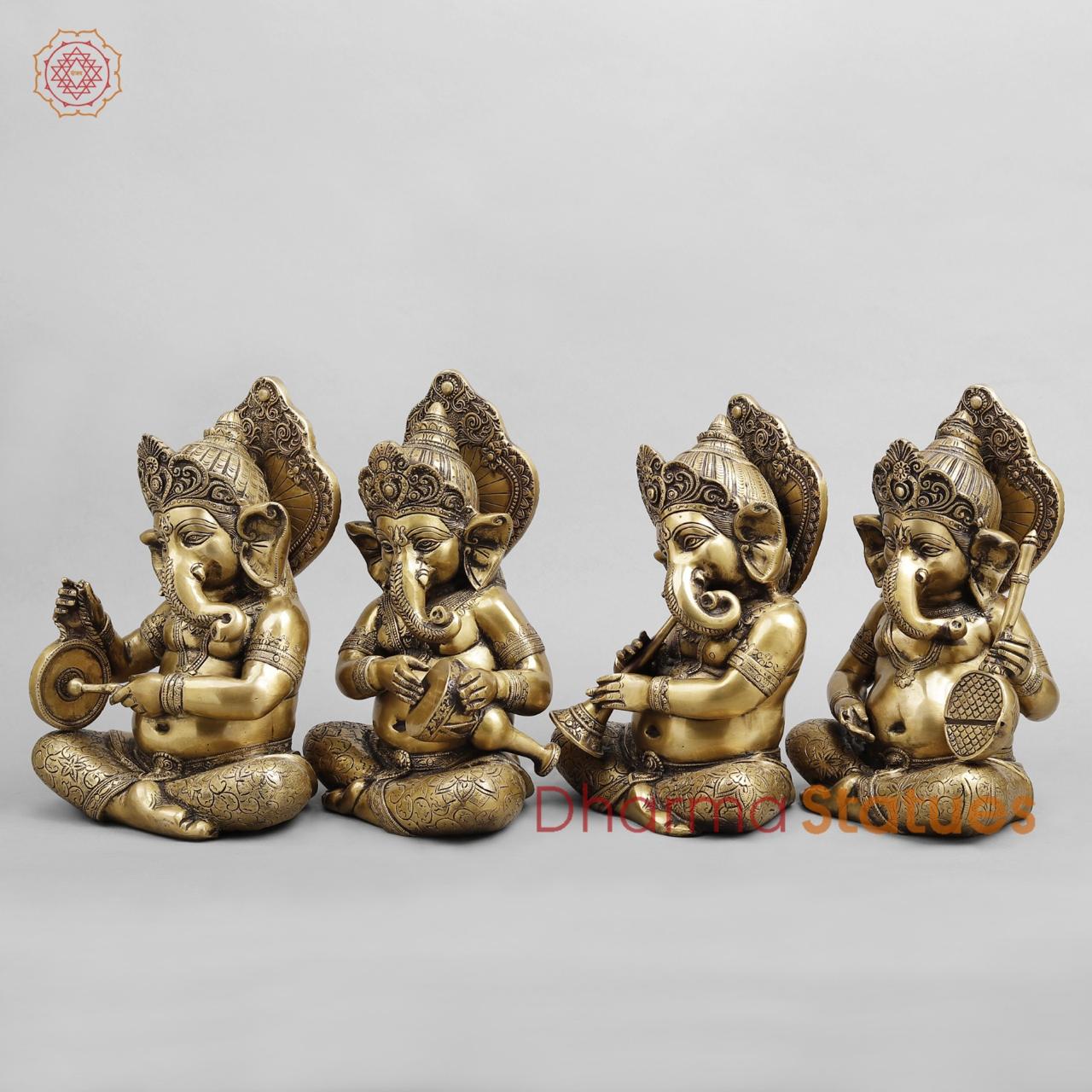Brass Ganesh Musicians Set, Antique Finish 12.5”