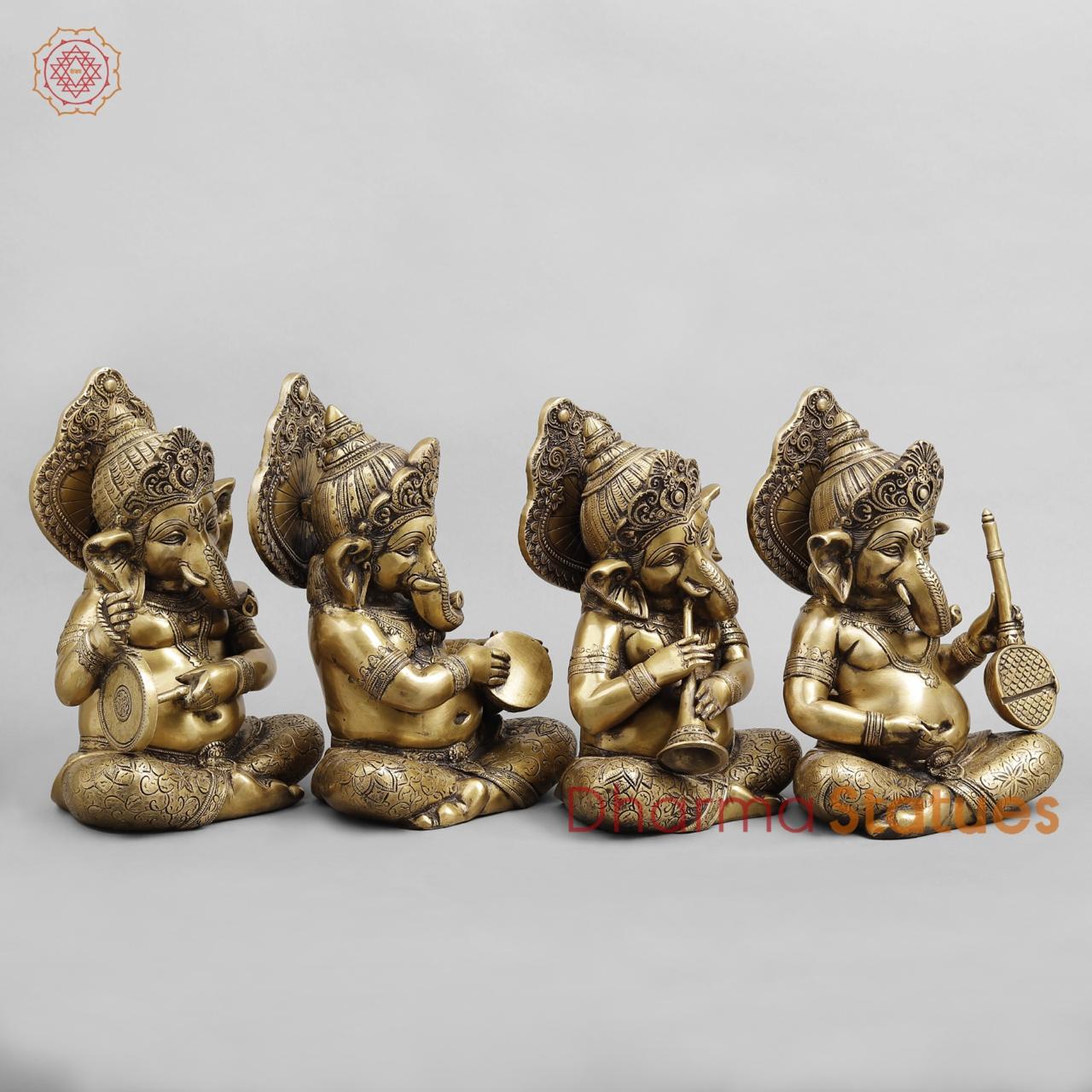 Brass Ganesh Musicians Set, Antique Finish 12.5”