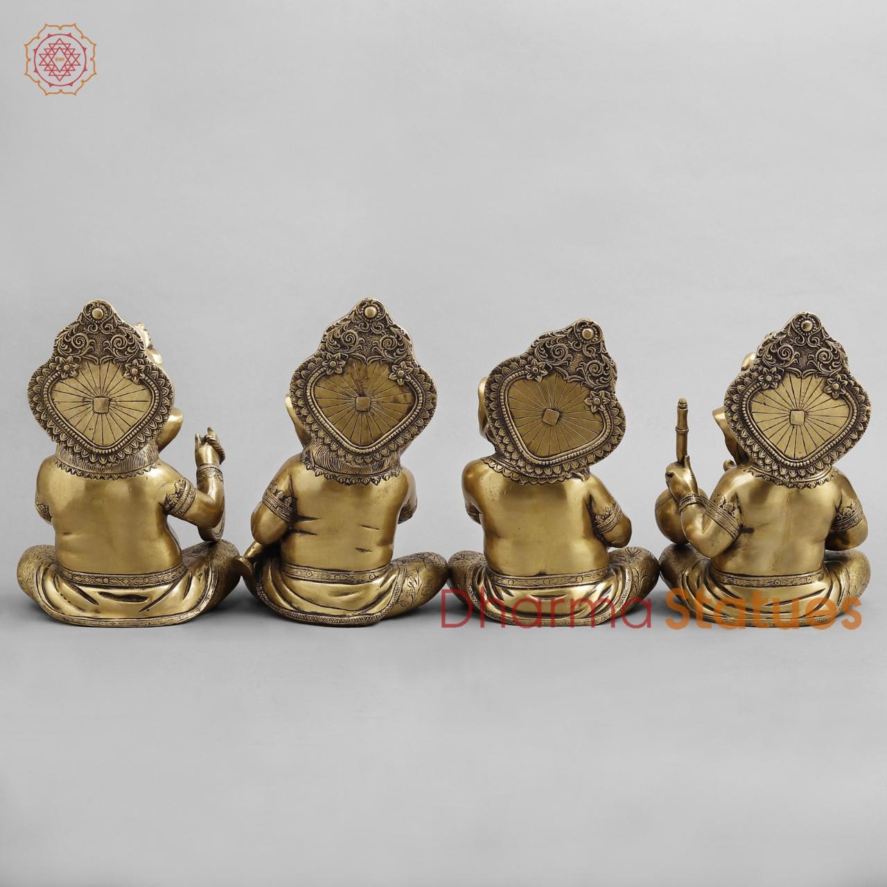 Brass Ganesh Musicians Set, Antique Finish 12.5”