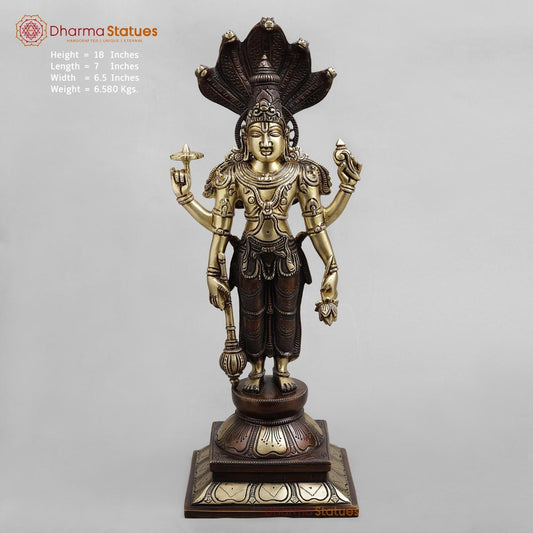 Brass vishnu Standing with snake, Dual tone finish 18”