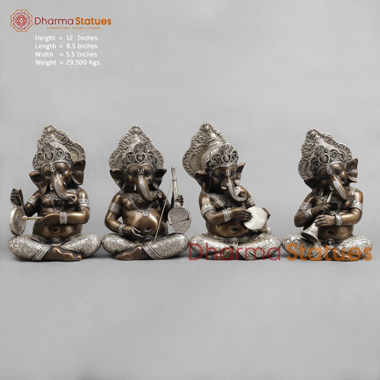 Brass Musician Ganesh , Silver copper finish 12”