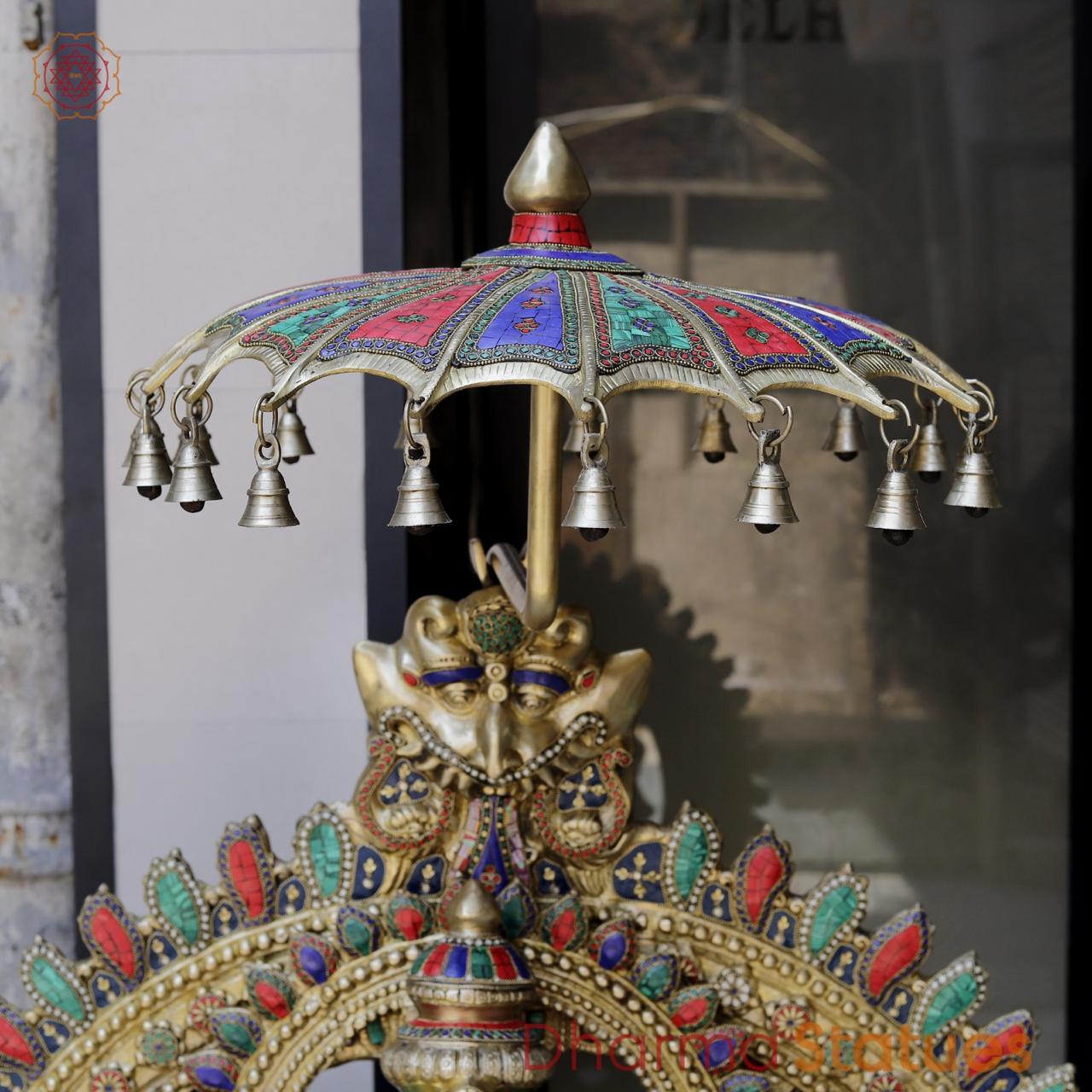 Brass Ganesh seated with Umbrella, Fine Stone work 66”
