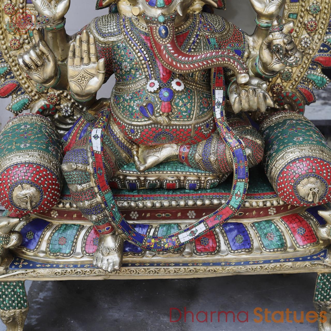 Brass Ganesh seated with Umbrella, Fine Stone work 66”