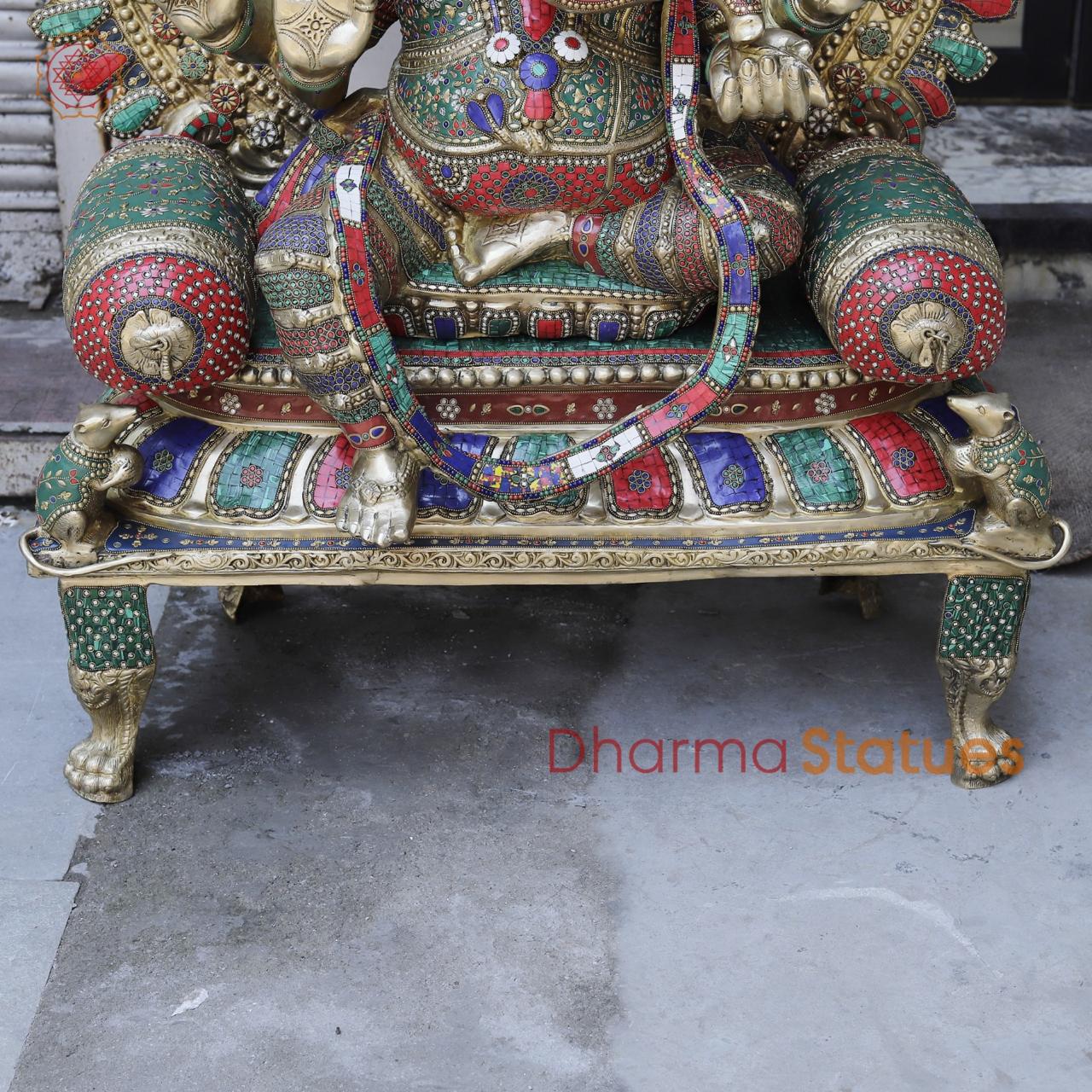 Brass Ganesh seated with Umbrella, Fine Stone work 66”