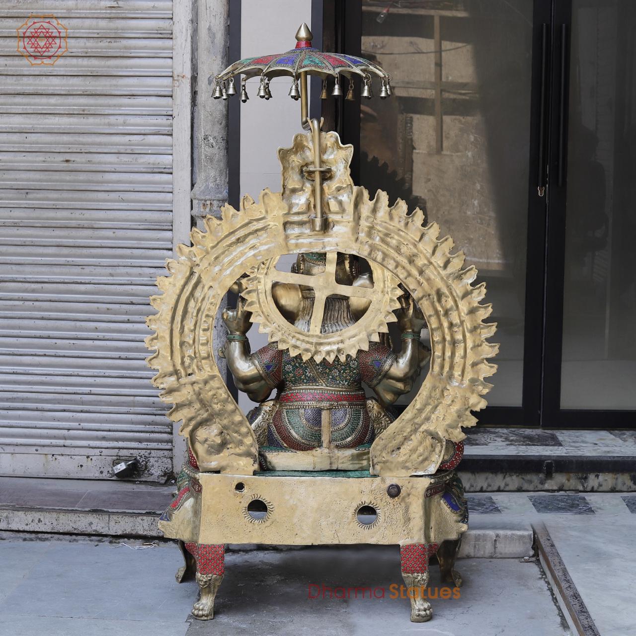 Brass Ganesh seated with Umbrella, Fine Stone work 66”