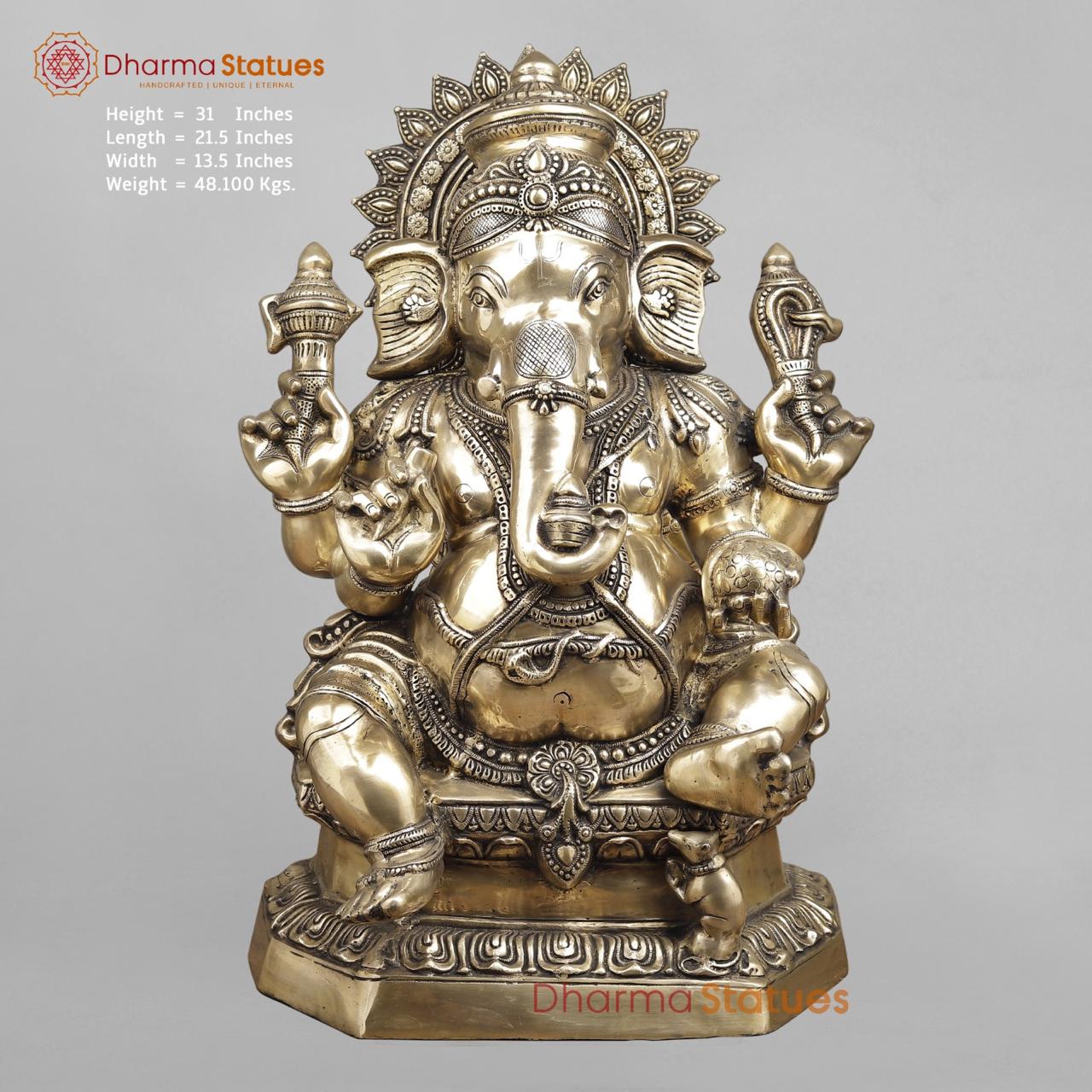 Brass Ganesh Seated with Kalash in Trunk, Fine smooth Finish 31”