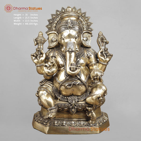 Brass Ganesh Seated with Kalash in Trunk, Fine smooth Finish 31”