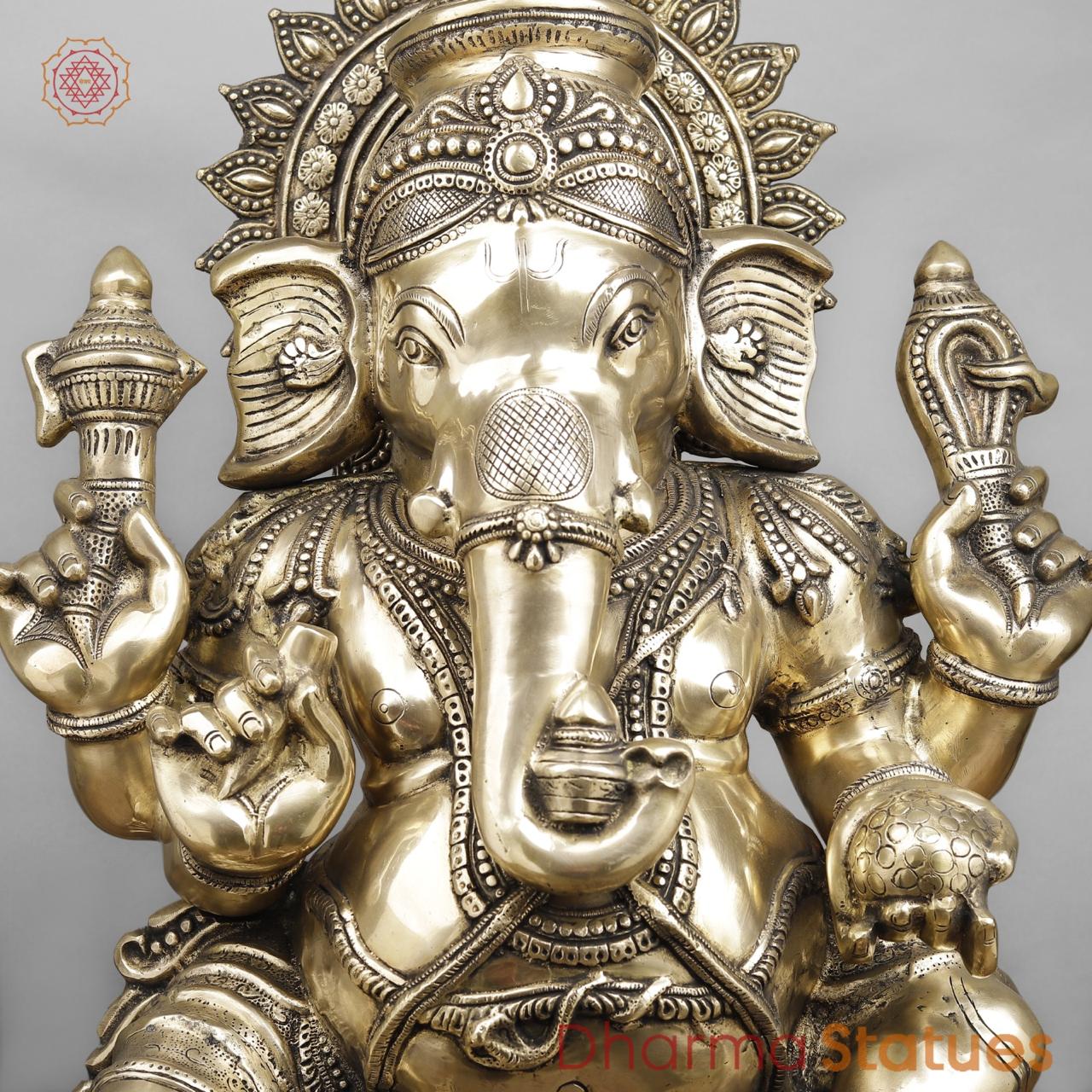 Brass Ganesh Seated with Kalash in Trunk, Fine smooth Finish 31”