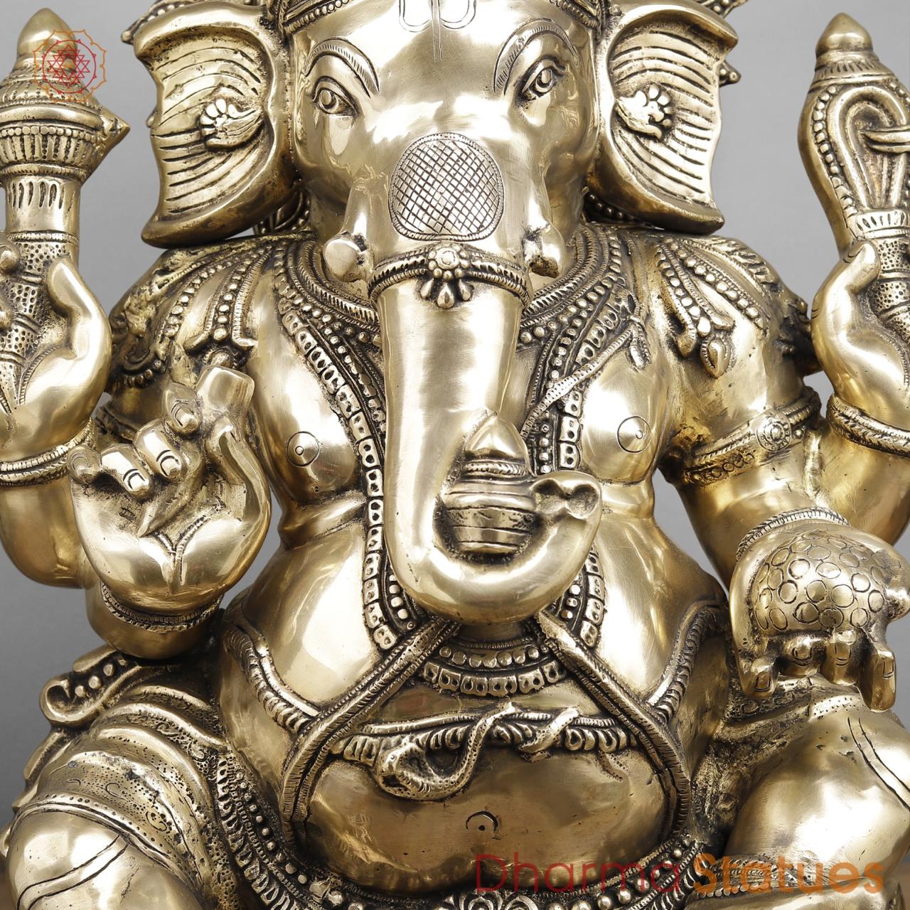 Brass Ganesh Seated with Kalash in Trunk, Fine smooth Finish 31”