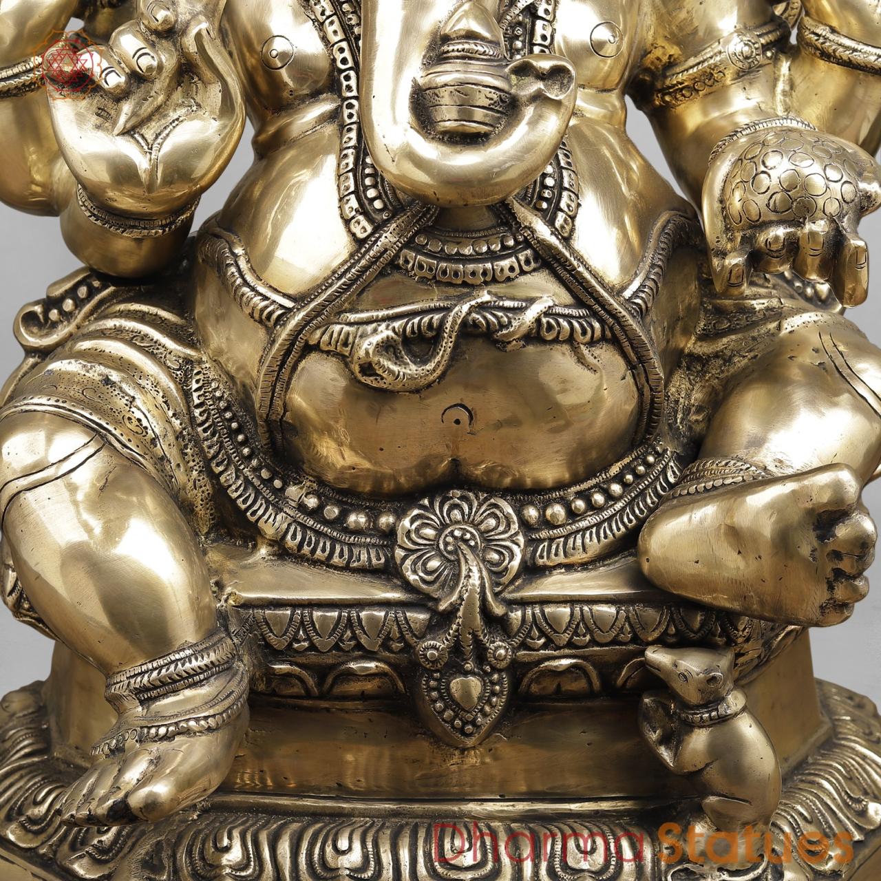 Brass Ganesh Seated with Kalash in Trunk, Fine smooth Finish 31”