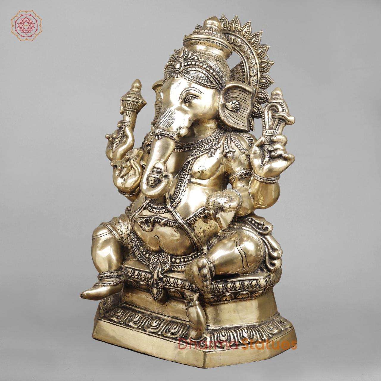 Brass Ganesh Seated with Kalash in Trunk, Fine smooth Finish 31”