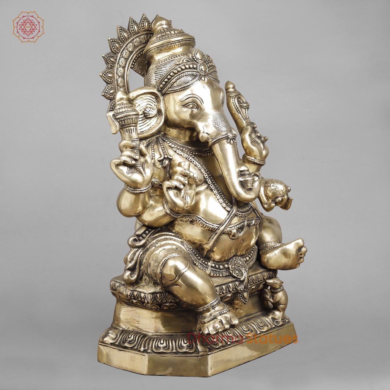 Brass Ganesh Seated with Kalash in Trunk, Fine smooth Finish 31”