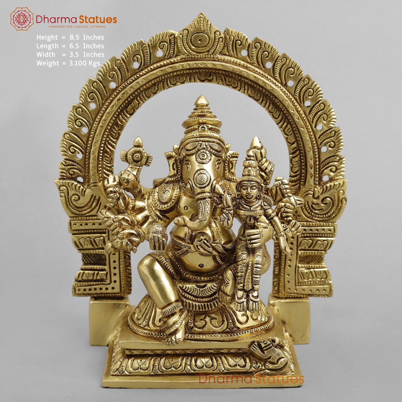 Brass Shakti Ganesh Seated with Frame, Super fine Gold finish 8.5"