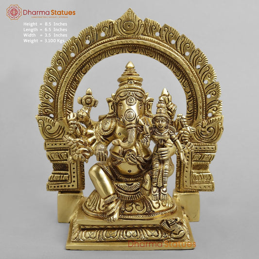 Brass Shakti Ganesh Seated with Frame, Super fine Gold finish 8.5"
