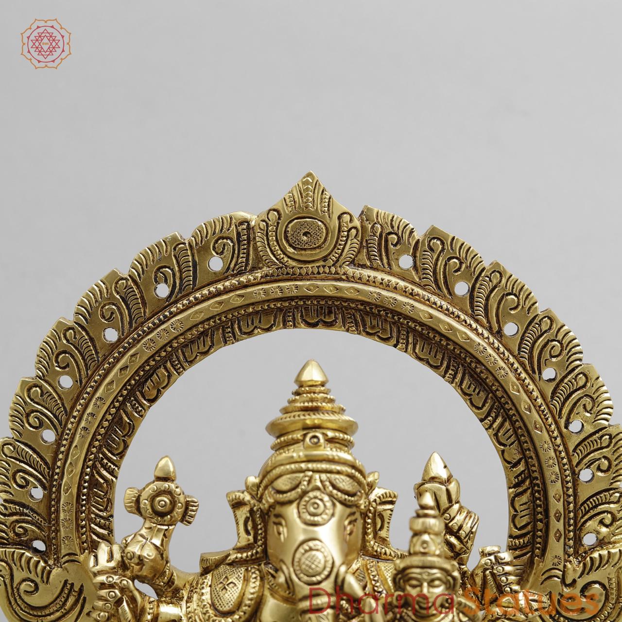 Brass Shakti Ganesh Seated with Frame, Super fine Gold finish 8.5"