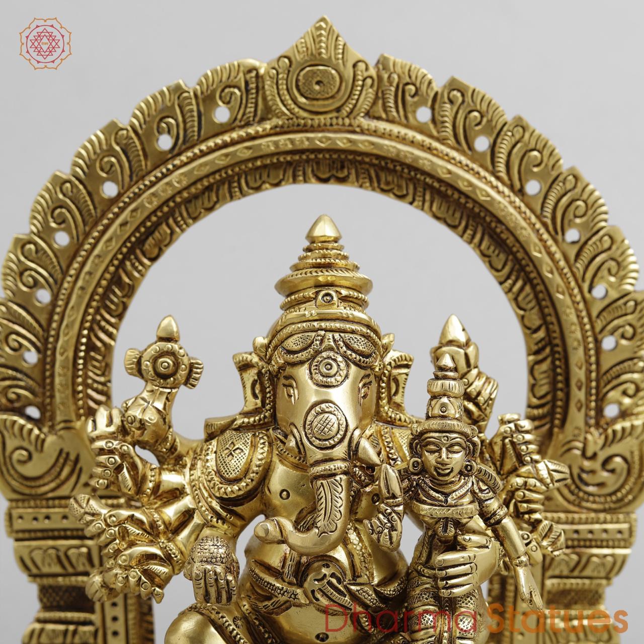 Brass Shakti Ganesh Seated with Frame, Super fine Gold finish 8.5"