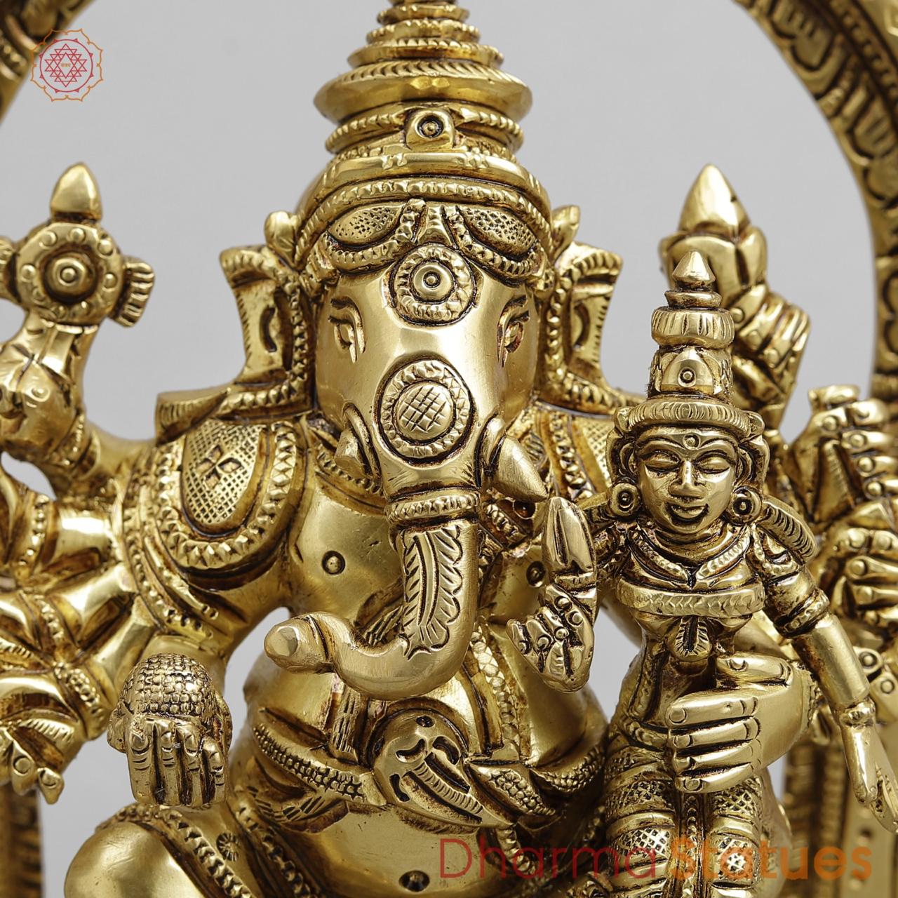 Brass Shakti Ganesh Seated with Frame, Super fine Gold finish 8.5"