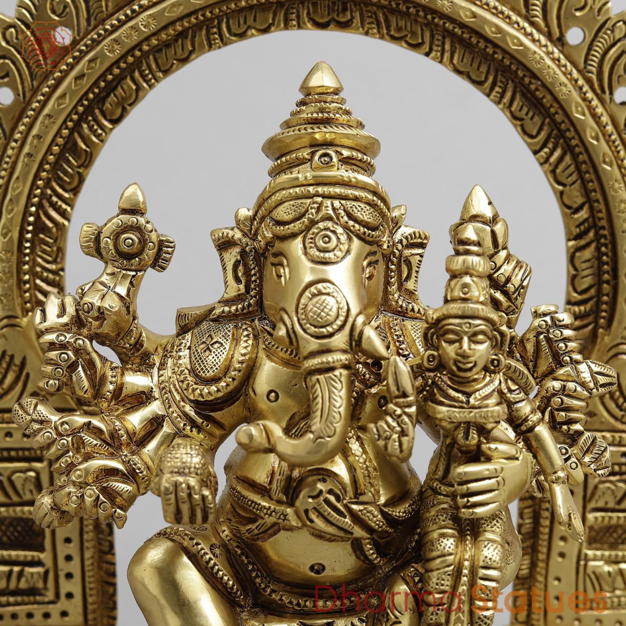 Brass Shakti Ganesh Seated with Frame, Super fine Gold finish 8.5"