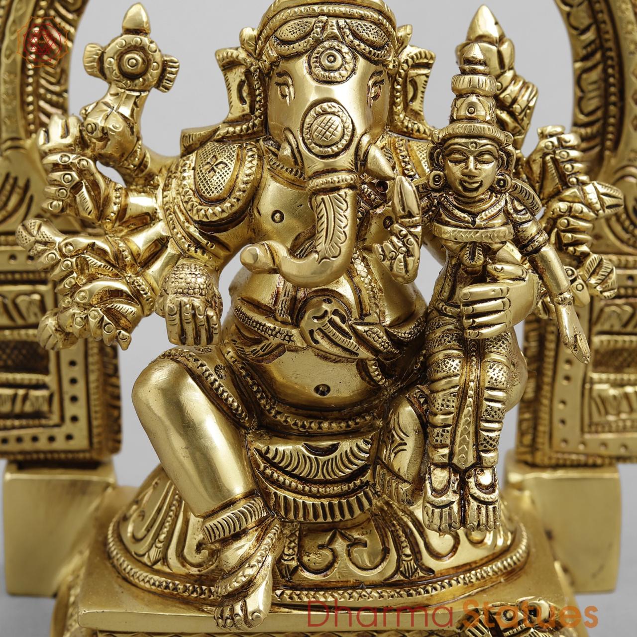 Brass Shakti Ganesh Seated with Frame, Super fine Gold finish 8.5"