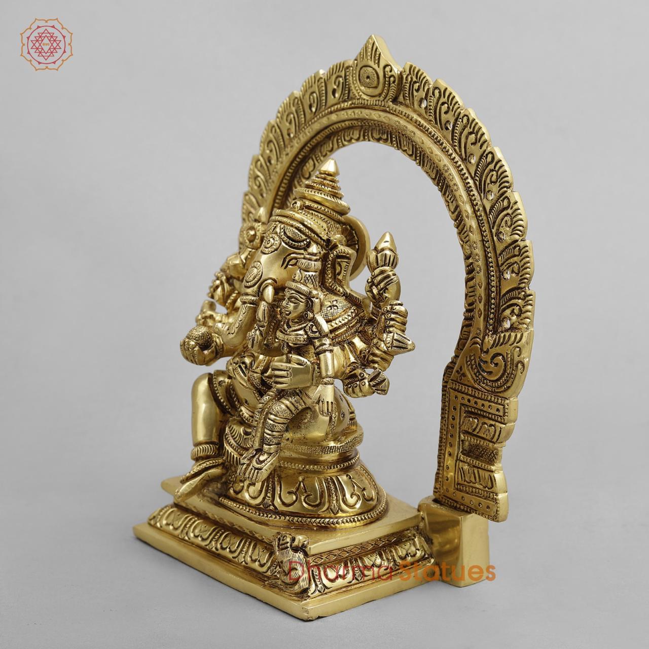Brass Shakti Ganesh Seated with Frame, Super fine Gold finish 8.5"
