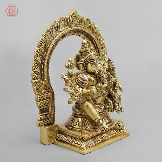 Brass Shakti Ganesh Seated with Frame, Super fine Gold finish 8.5"