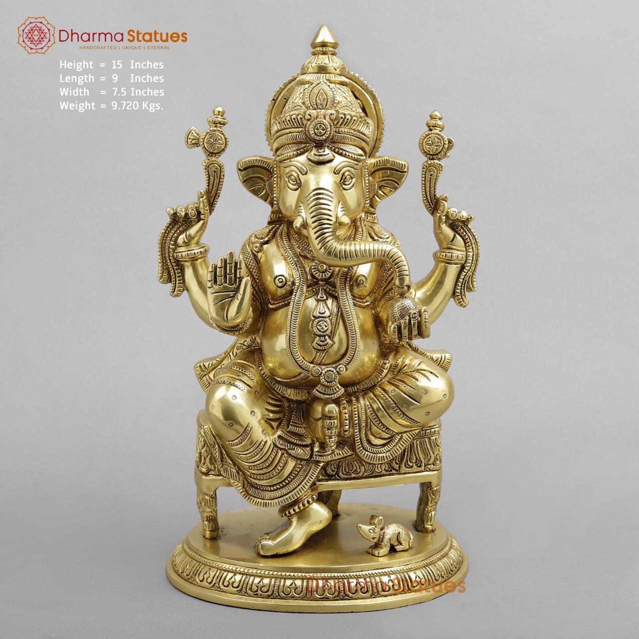 Brass Ganesh seated Fine on Chowki base, super fine Golden finish 15”
