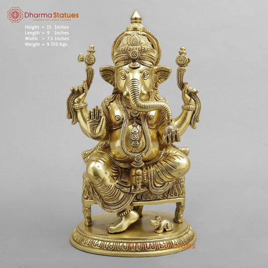 Brass Ganesh seated Fine on Chowki base, super fine Golden finish 15”