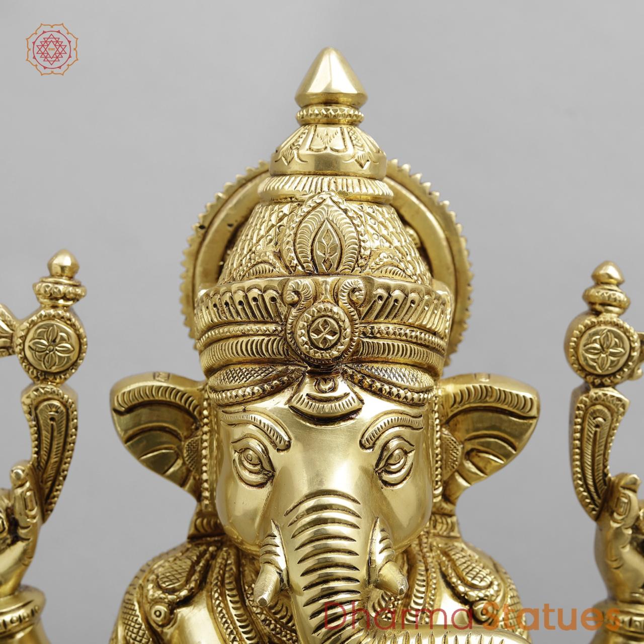 Brass Ganesh seated Fine on Chowki base, super fine Golden finish 15”